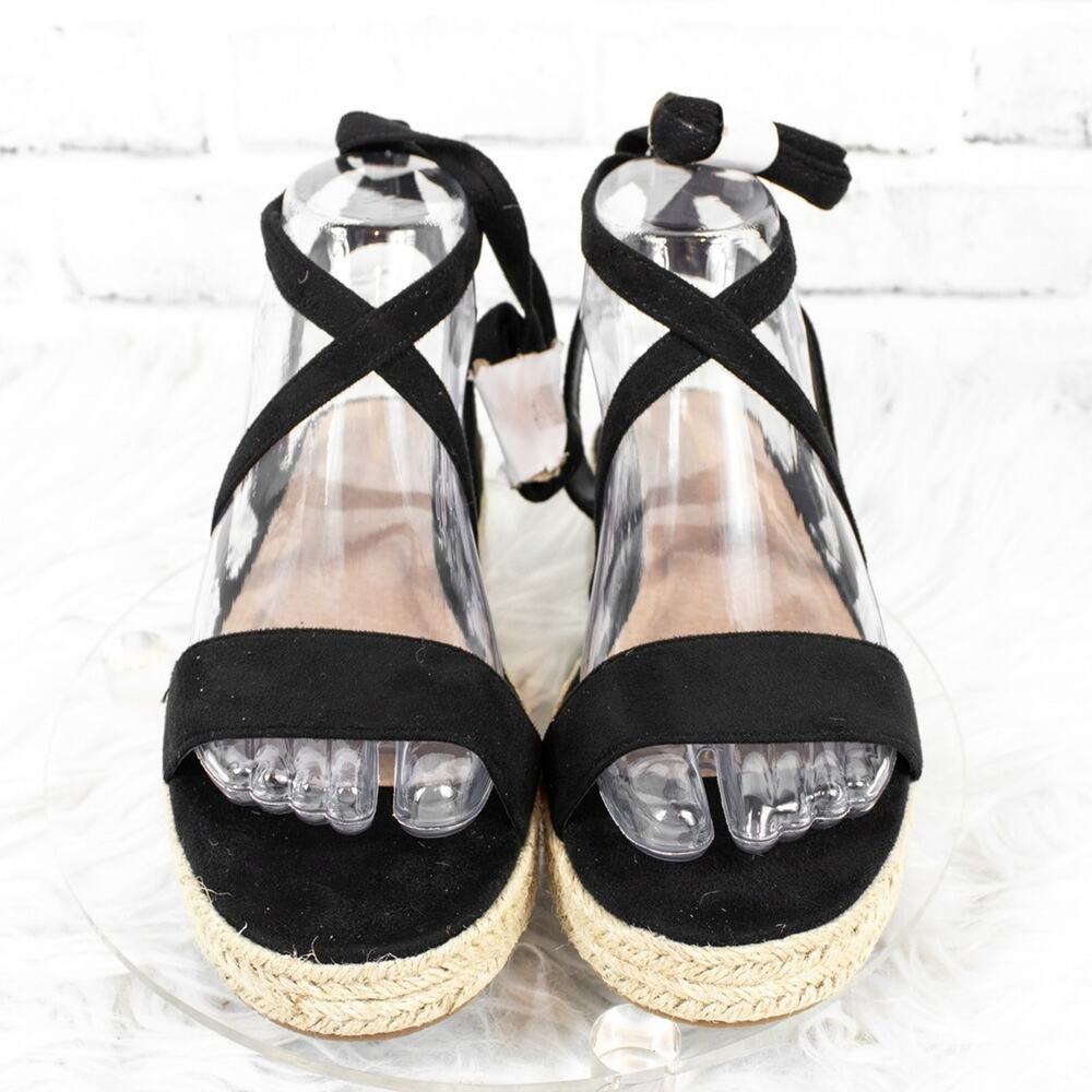 Pretty Little Thing Black Sandals Ankle Wrap Espadrilles Size 7 Straw Faux Suede
